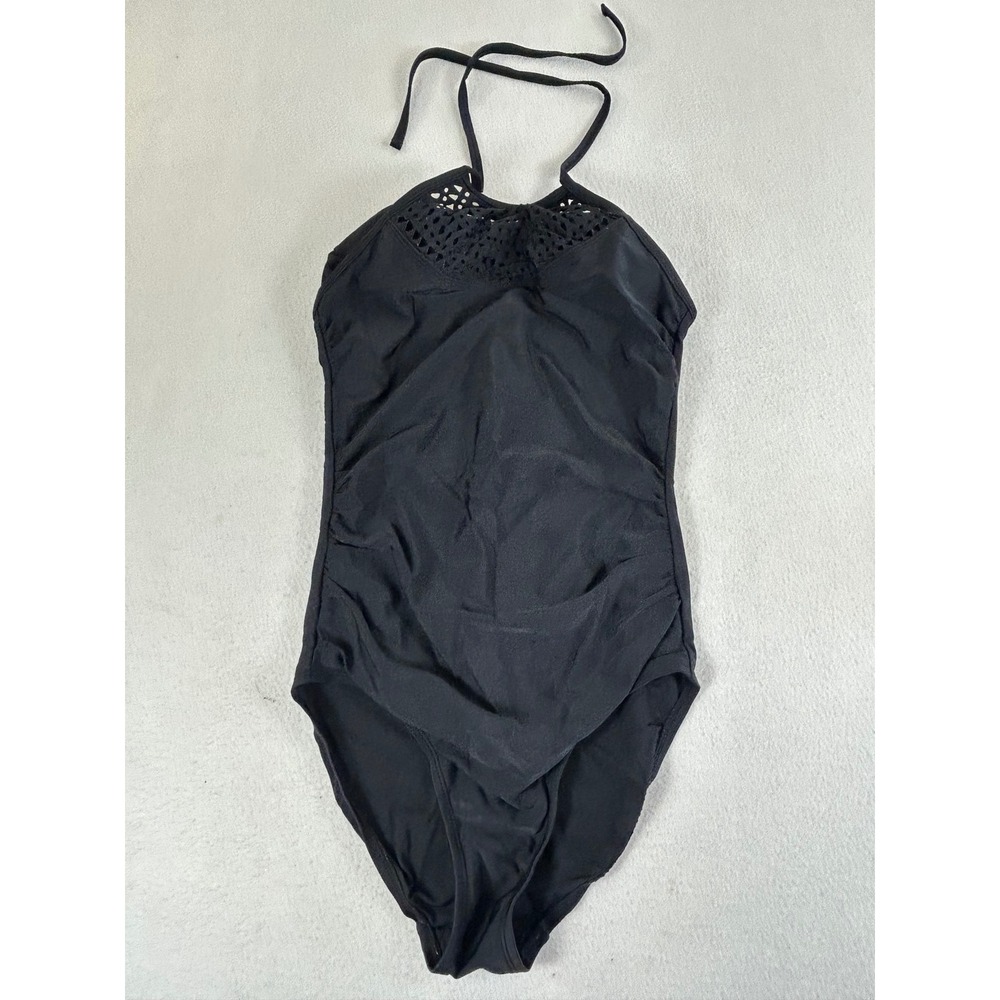 Merona‎ Swimsuit Women S Black Classic One Piece Halter Laser Cut Lattice 02434